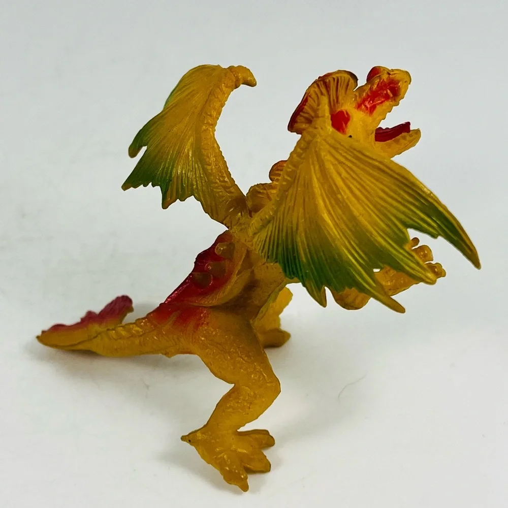 Vintage Plastic Dragon Figure Toy Yellow W/Green And Red 3.5
